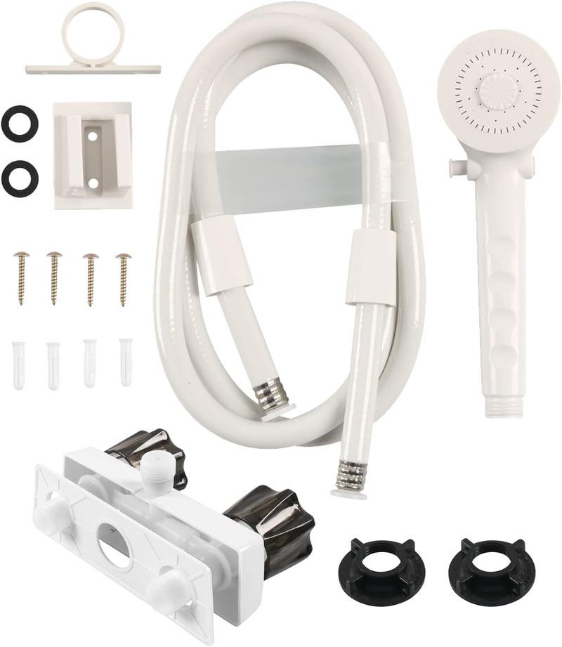 Eagle's RV Shower Faucet with Showerhead and Hose - Outdoor Non-Metallic Shower Parts On-Off Handheld Shower Head Valve Diverter Replacements for RVs, Fifth Wheels, Motorhomes - White - Image 1